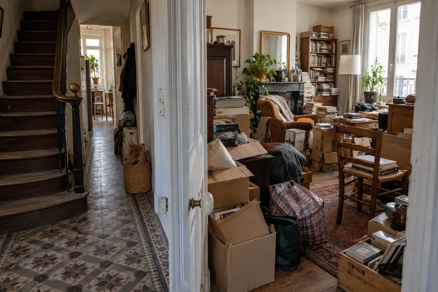 Entrée d’un logement encombrée avec une zone de passage à dégager