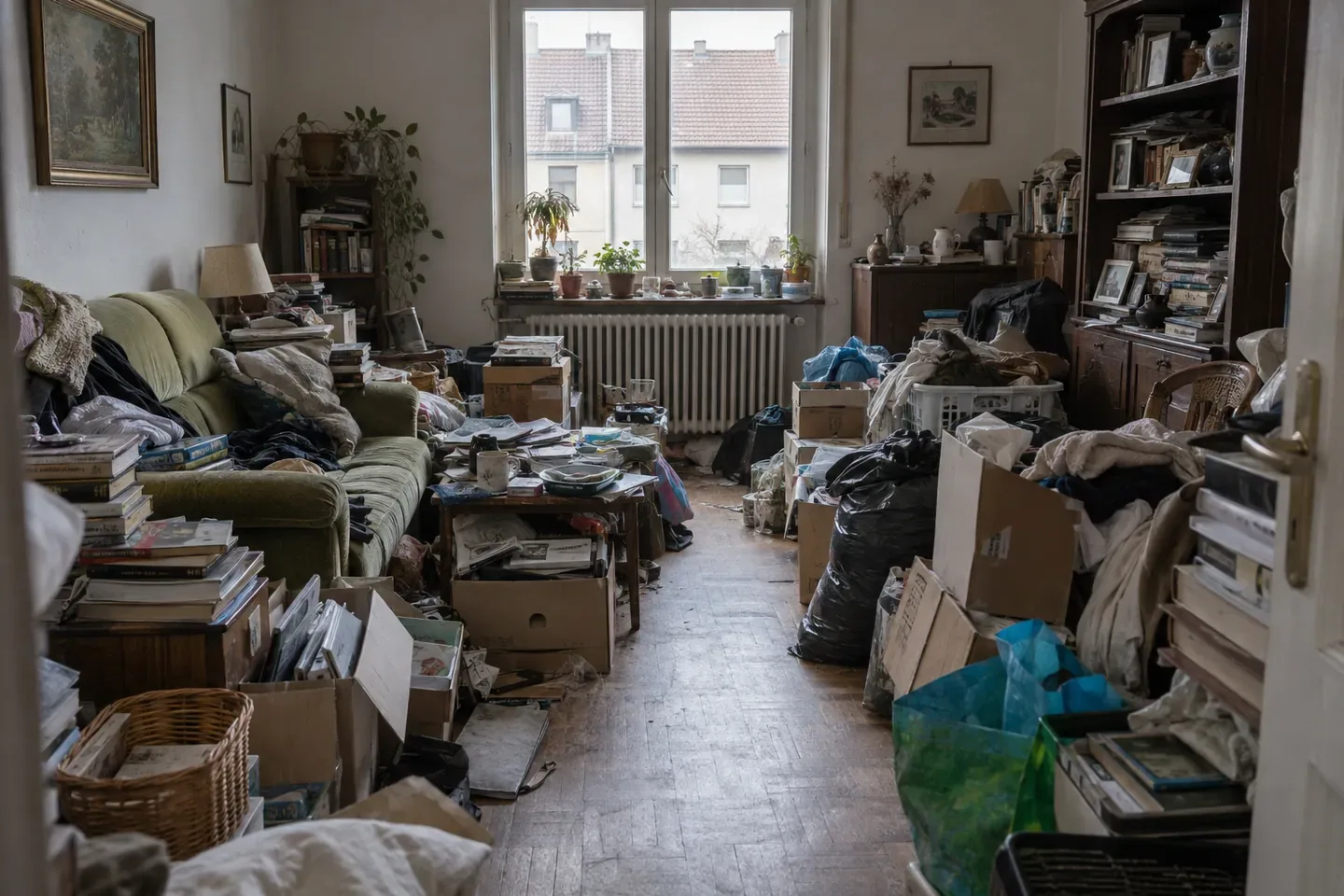 Pièce encombrée montrant des meubles, des sacs et des cartons de tailles différentes