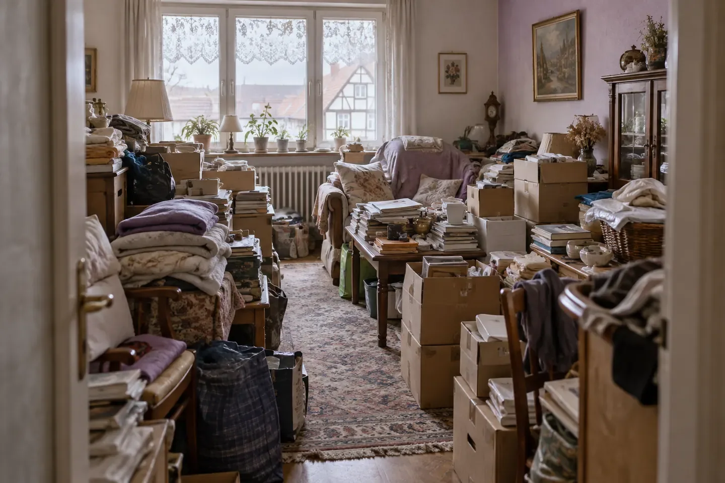 Pièce encombrée vue depuis son entrée, avec un passage encore visible